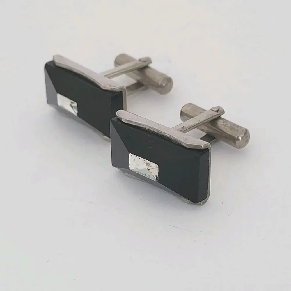 VINTAGE 1950'S BLACK ONYX WHITE RHINESTONE CUFFLINKS Rectangle Silver